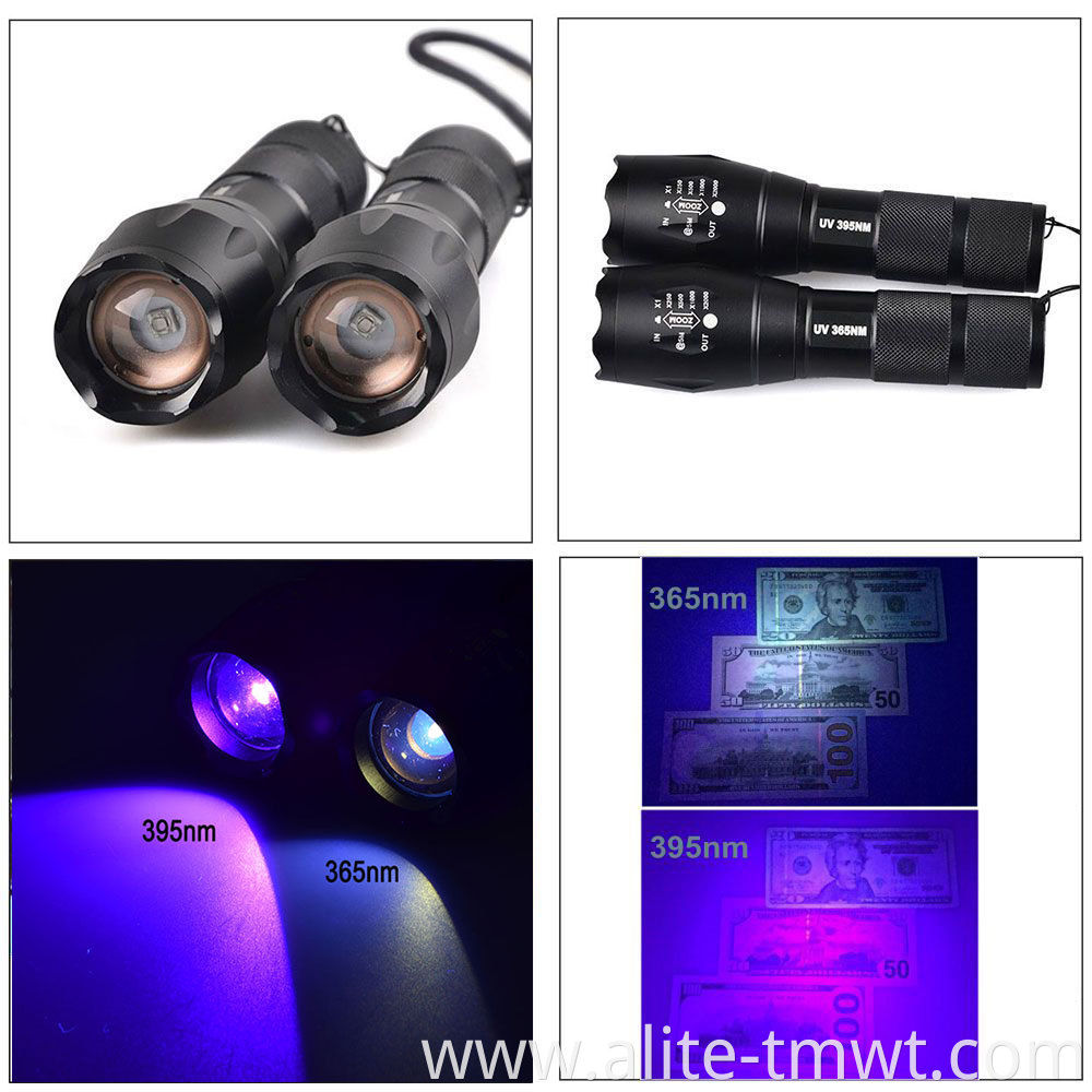 Top Selling UV 365nM 395nM 5W Power LED Aluminum Zoom UV flashlight lamp Black light Torch